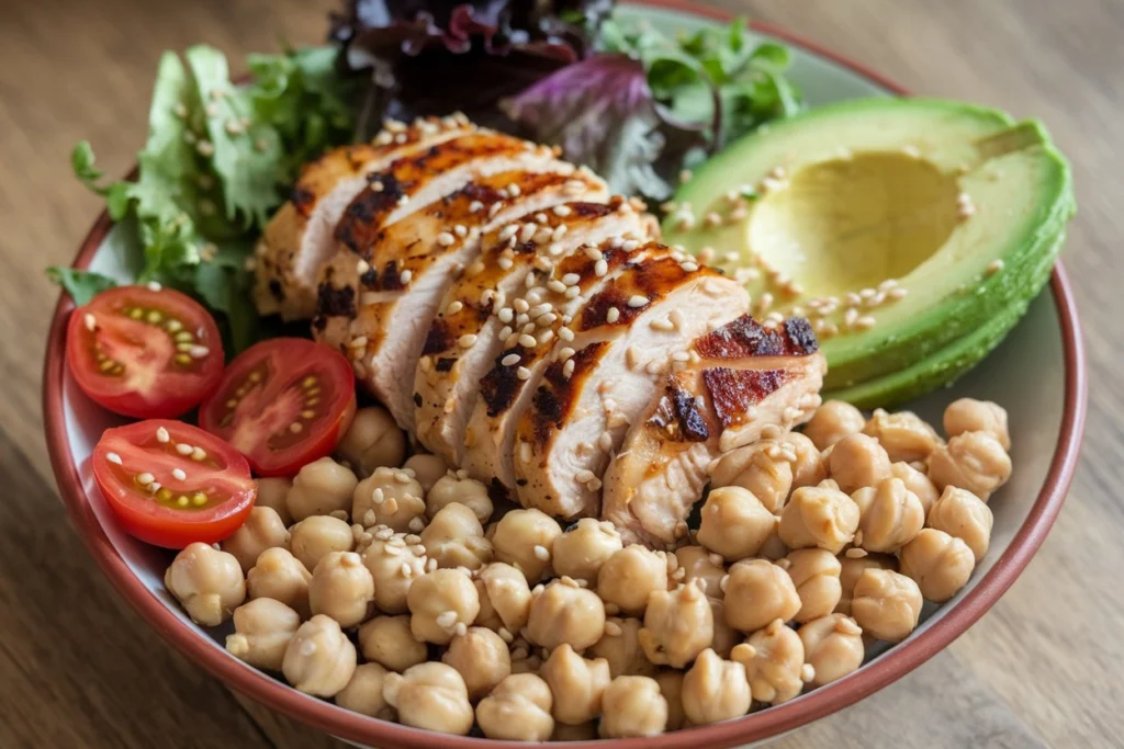 A colorful healthy bowl filled with grilled chicken, chickpeas, sliced avocado, cherry tomatoes, and baby spinach.