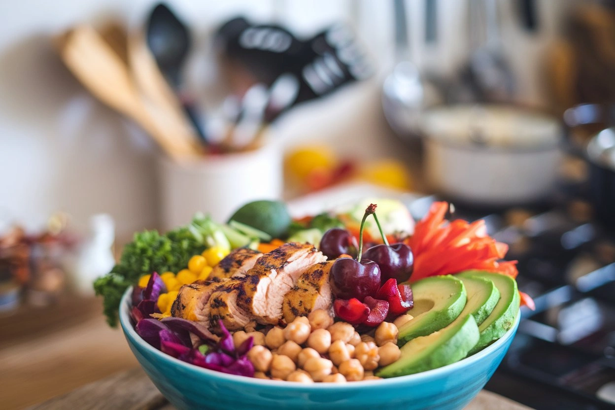 A fork lifting a bite of grilled chicken, chickpeas, and avocado from a colorful healthy bowl.