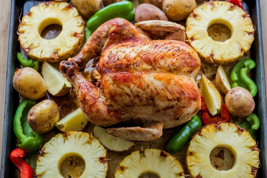 Hawaiian Chicken Sheet Pan with roasted vegetables and pineapple on a baking sheet