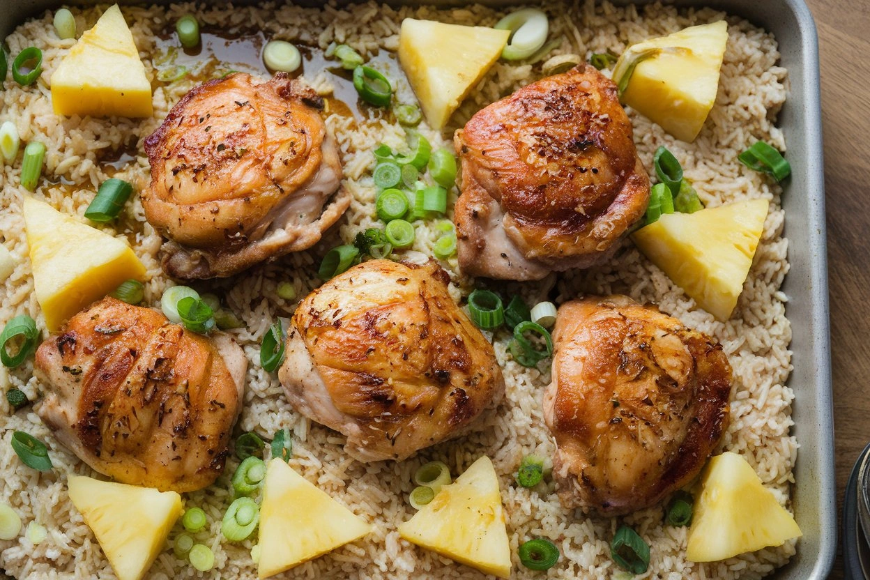 Hawaiian Chicken Sheet Pan served with a side of rice