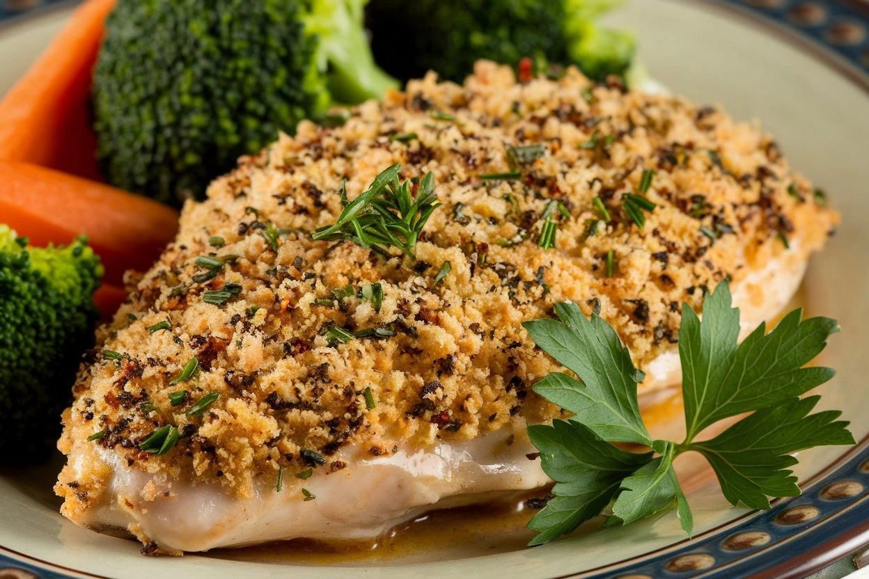 Parmesan Crusted Chicken served with mashed potatoes and steamed broccoli.