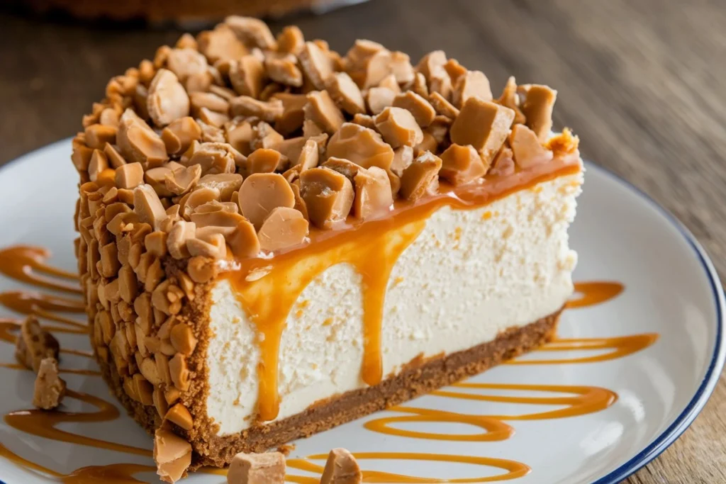 Slice of Caramel Toffee Crunch Cheesecake on a plate with a fork beside it.