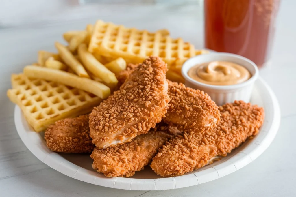 A plate of golden brown homemade Chick-Fil-A chicken tenders with dipping sauce.