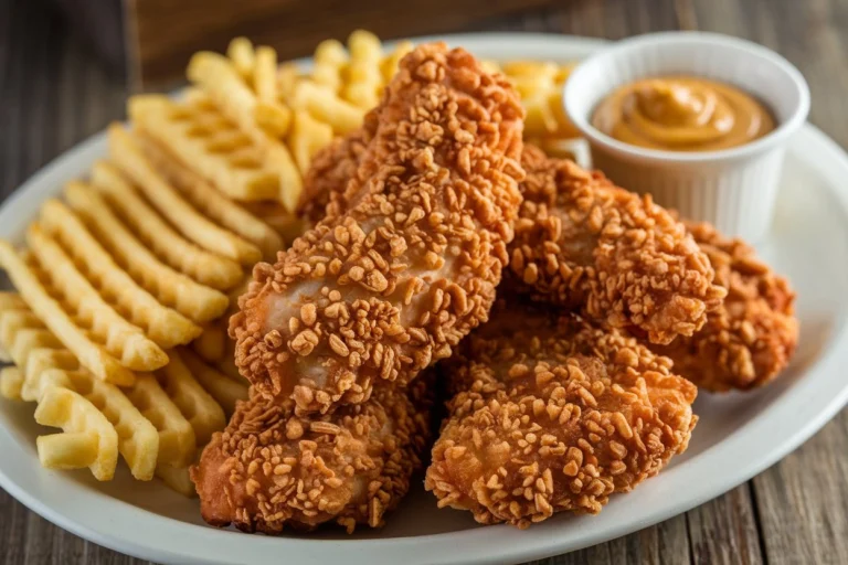 Close-up of crispy Chick-Fil-A chicken tenders with a side of dipping sauce.