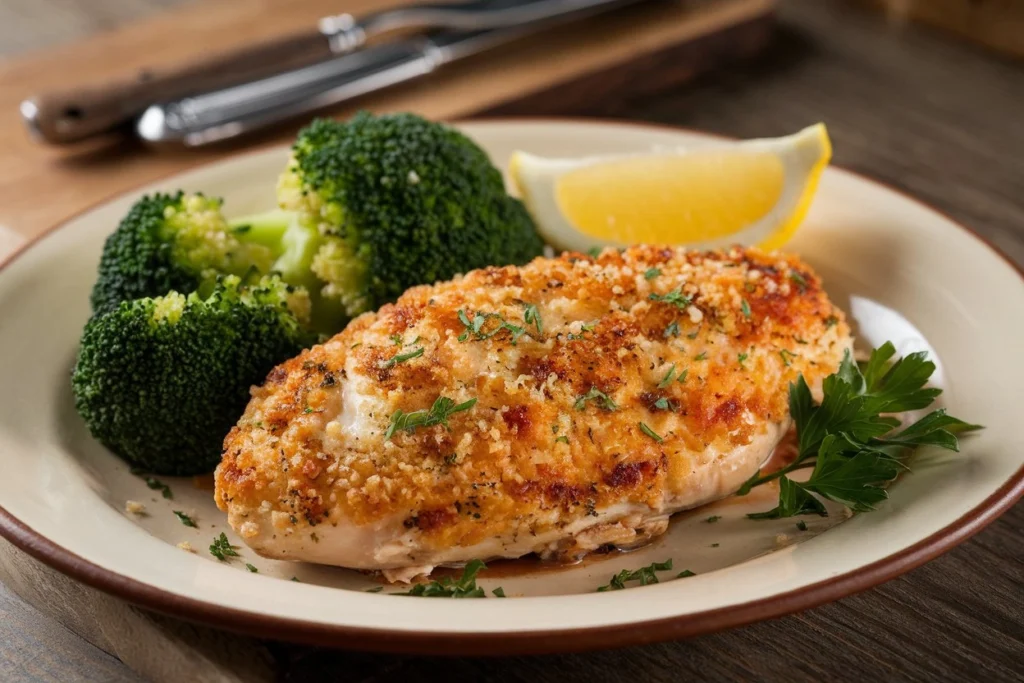 Homemade Longhorn Steakhouse-style Parmesan Crusted Chicken, crispy and golden on a plate.