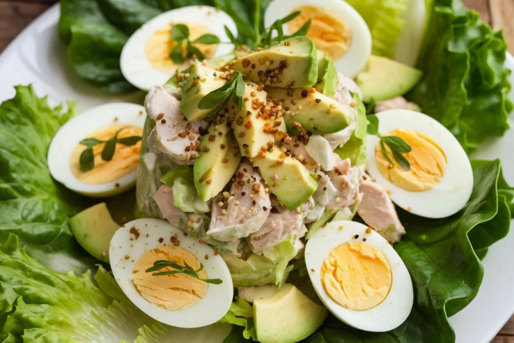 Fresh ingredients for avocado chicken egg salad, including avocado, chicken, eggs, and herbs.