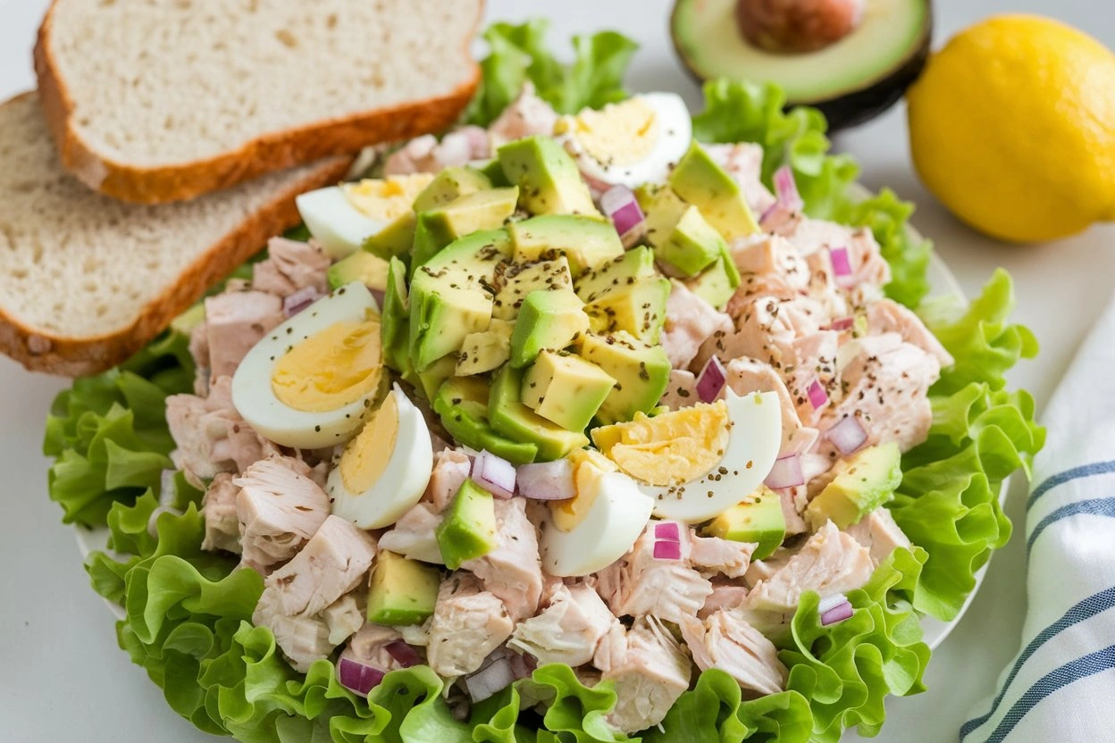 Avocado chicken egg salad served in lettuce wraps, topped with chopped parsley.