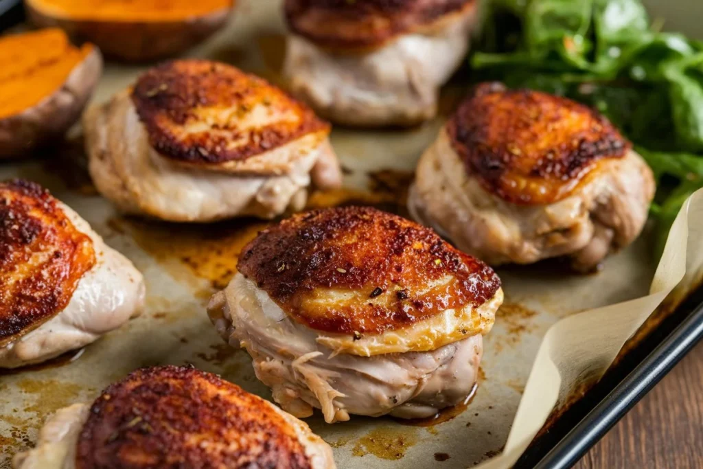  Crispy oven-baked chicken thighs served on a white plate with herbs.