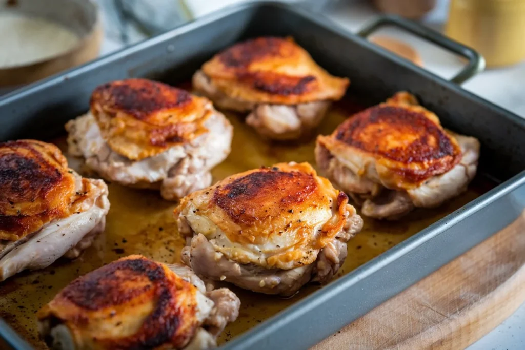 Juicy and tender baked chicken thighs in a cast-iron skillet.