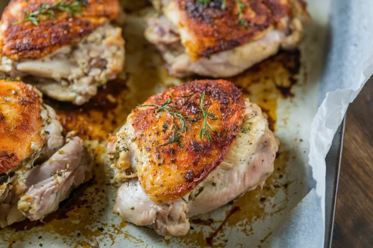 Raw chicken thighs seasoned with herbs and spices on a baking tray