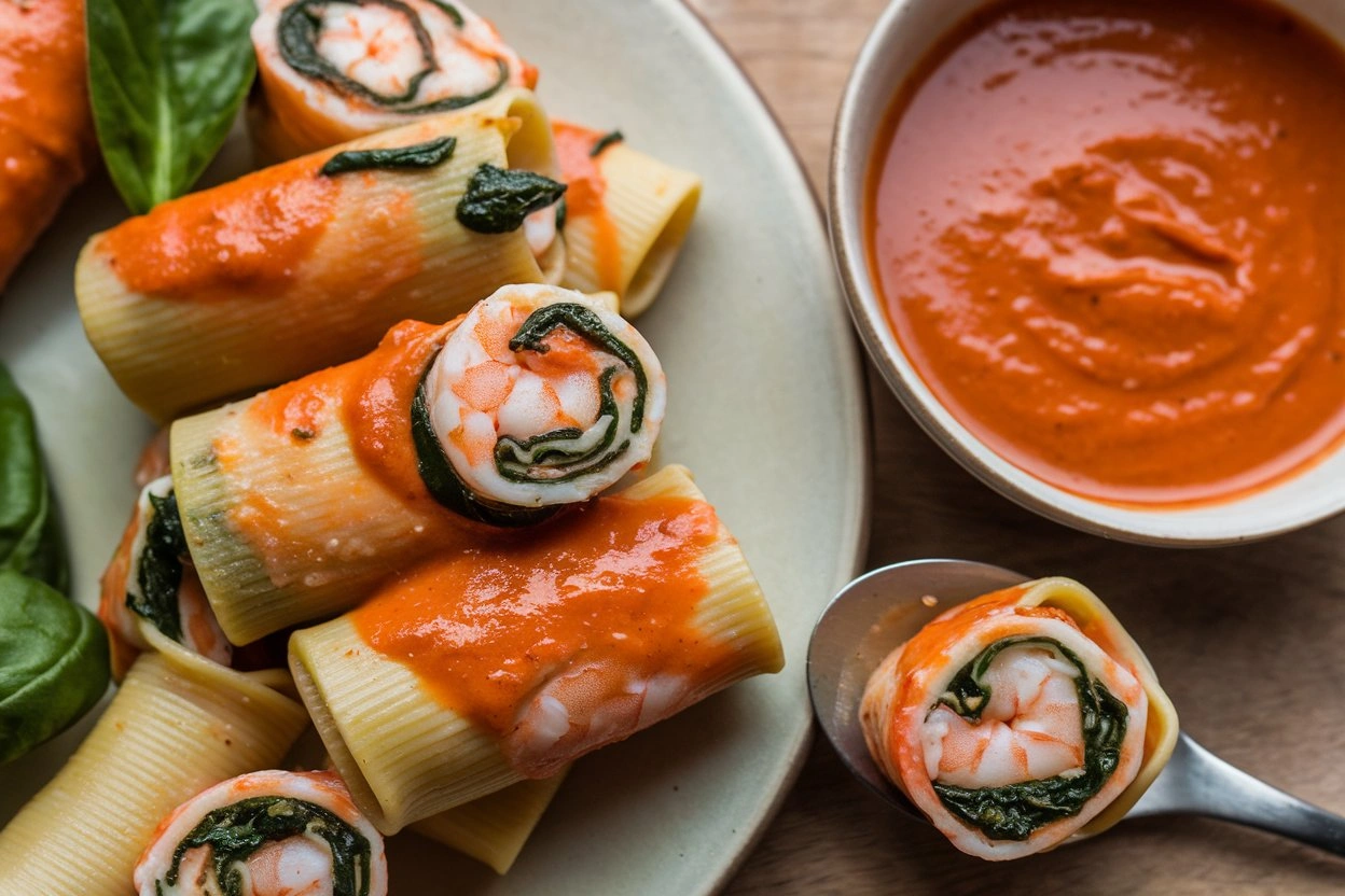 Delicious plate of shrimp and spinach stuffed pasta rolls with fresh herbs and red pepper cream sauce