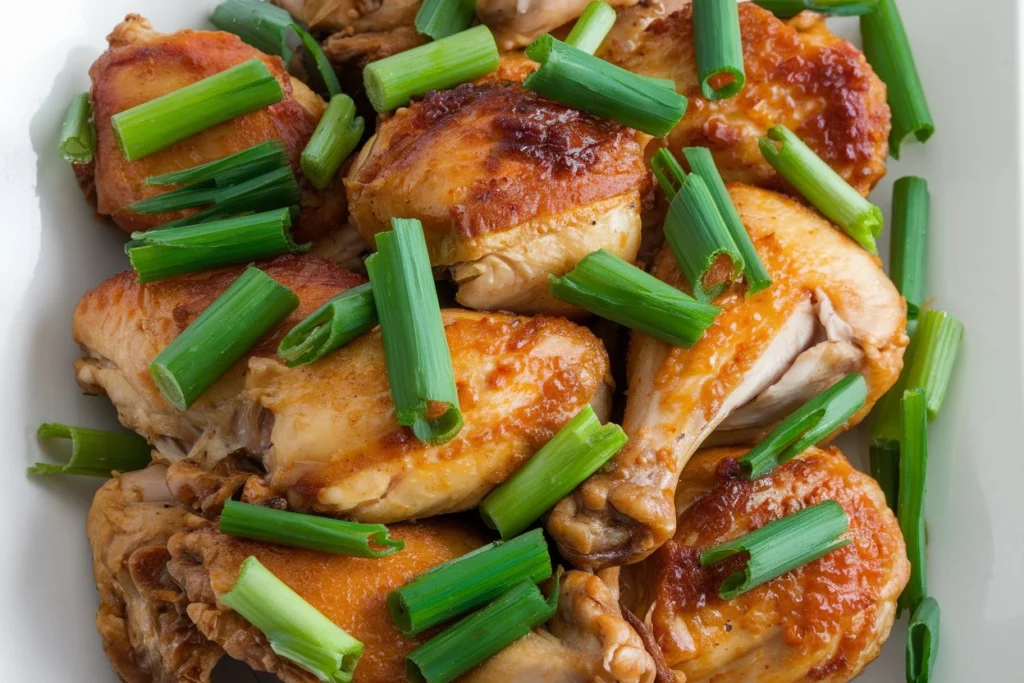 "Delicious Chinese Scallion Chicken served with steamed rice"