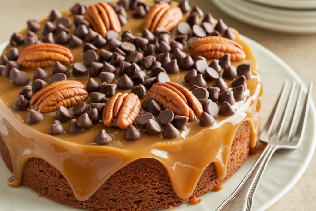 Caramel Turtle Poke Cake with chocolate, caramel, and pecans