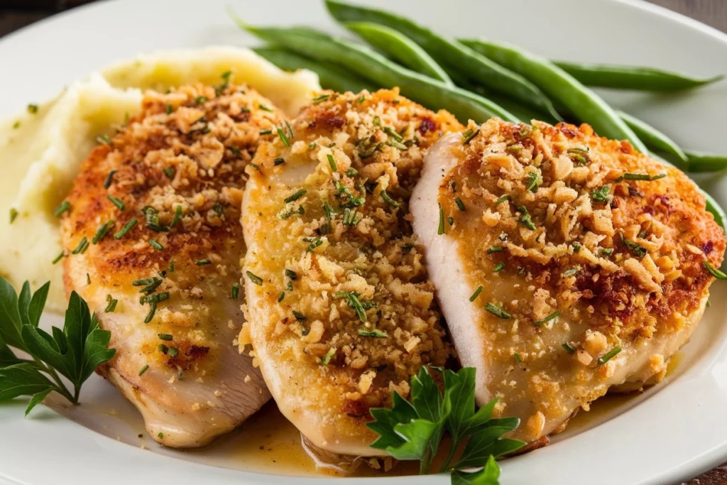  Ingredients for Parmesan Crusted Chicken, including chicken breasts, Parmesan cheese, and breadcrumbs.