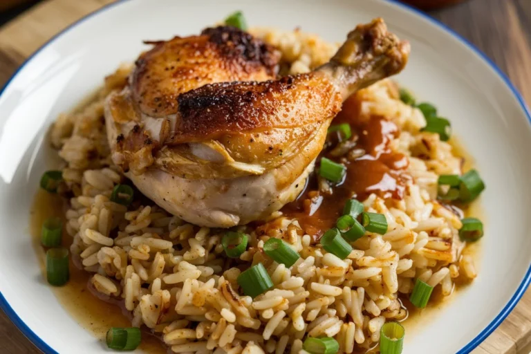 Crispy chicken thighs resting on a bed of seasoned, oven-baked rice, garnished with fresh parsley.