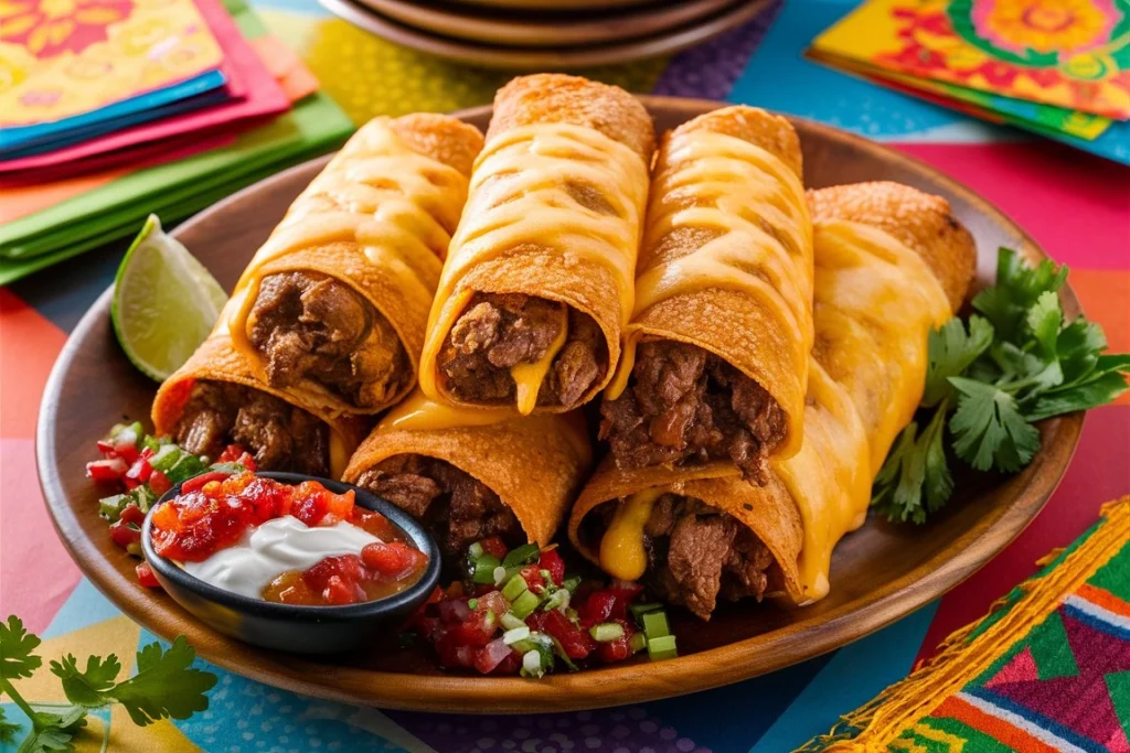 Delicious Beef and Cheese Chimichangas served with guacamole.