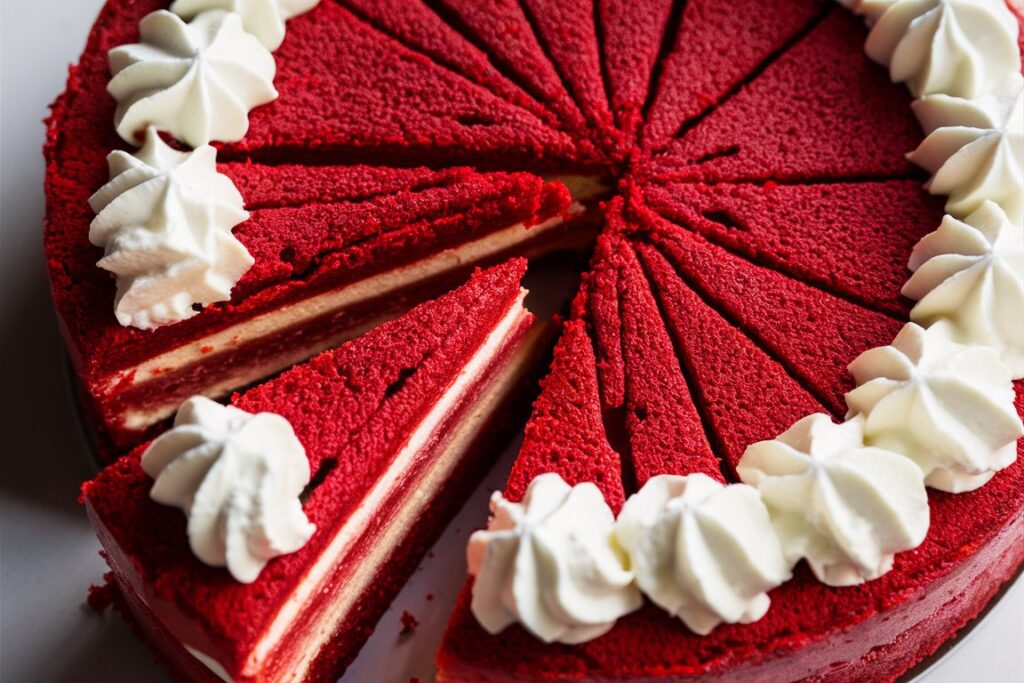 Close-up of a Red Velvet Cheesecake topped with fresh berries and whipped cream.