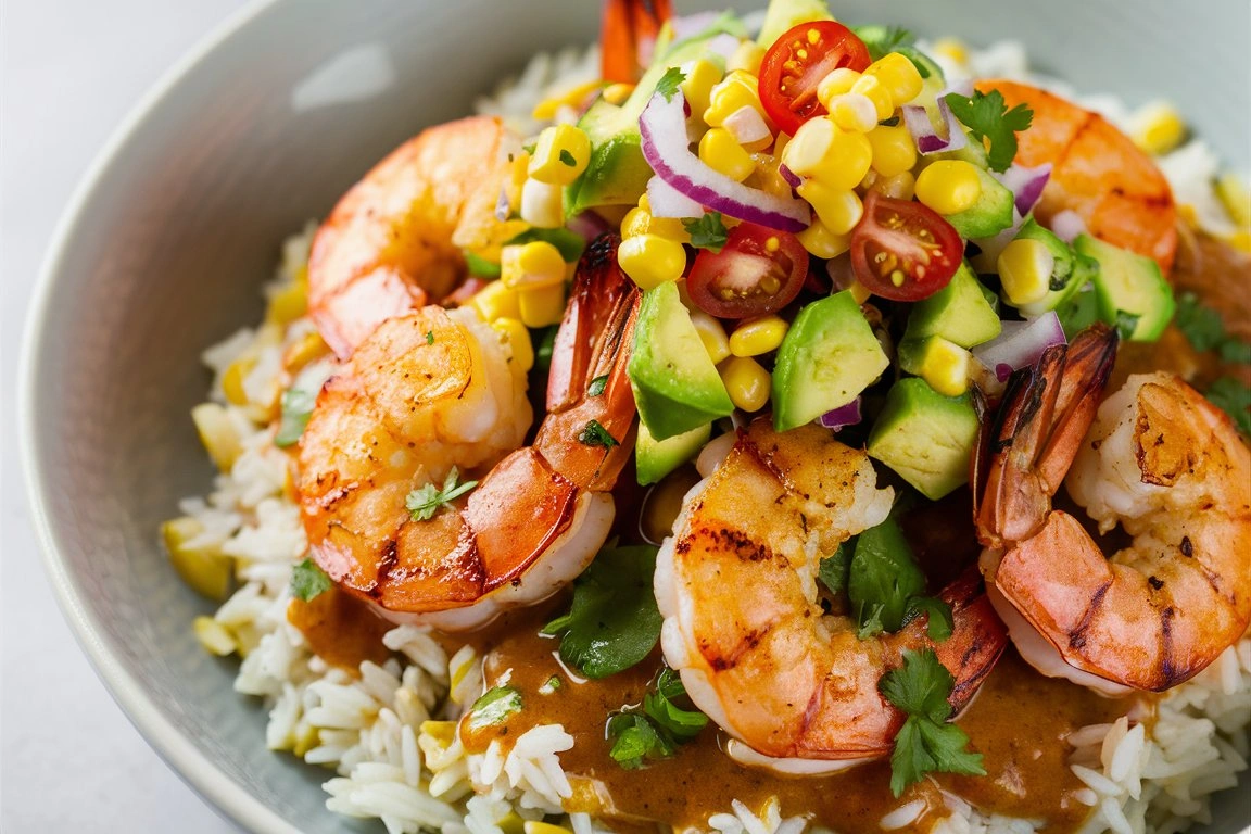 A colorful shrimp bowl with grilled shrimp, avocado slices, and corn salsa in a ceramic dish.