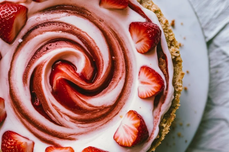 A delicious homemade Strawberry Swirl Cheesecake with vibrant red strawberry swirls, a rich creamy texture, and a golden graham cracker crust, served on a white plate.