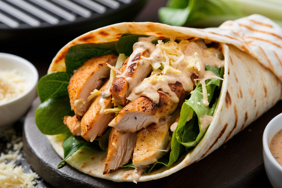 Fresh Chicken Caesar Wrap wrapped in a tortilla with Caesar dressing