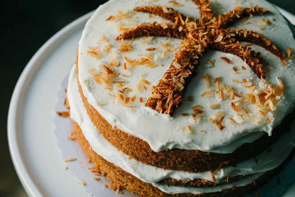 Moist coconut cake topped with creamy coconut frosting