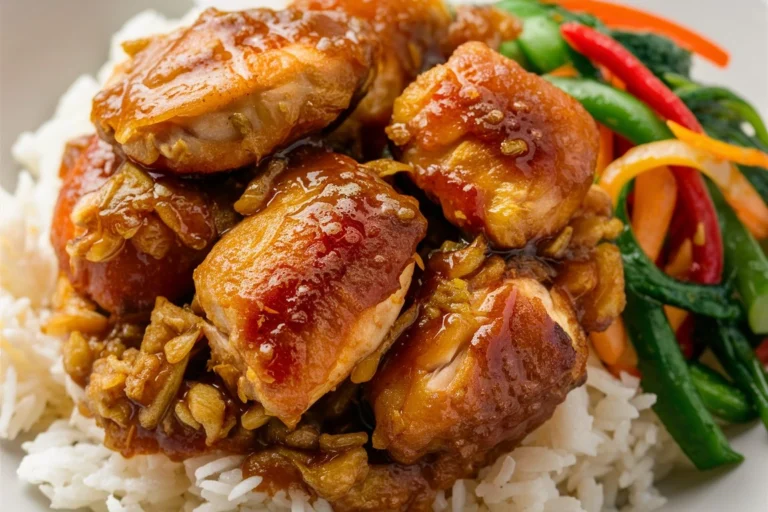 Close-up of tender chicken coated in a glossy brown sugar garlic glaze.