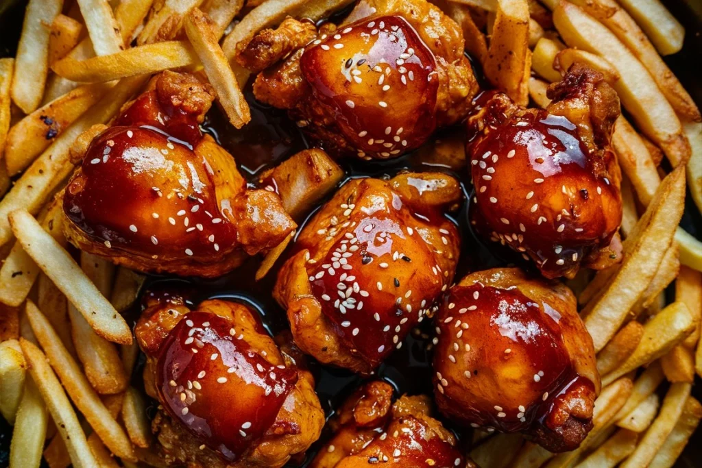  Close-up of Ever Sticky Honey Chicken glazed in golden honey sauce, garnished with sesame seeds.