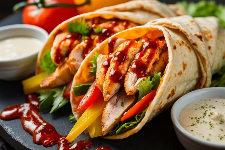 A stack of cheesy garlic chicken wraps served with a side of creamy dipping sauce.