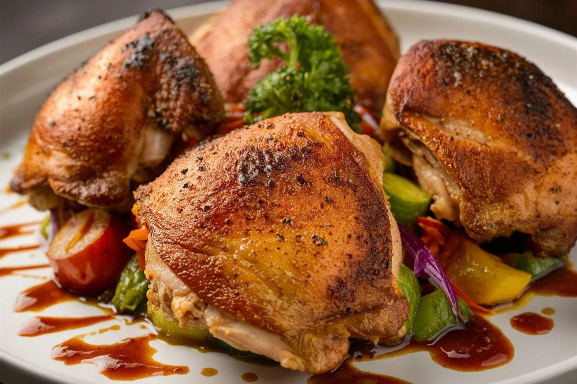 Bobby Flay’s chicken thighs served with a side of vegetables