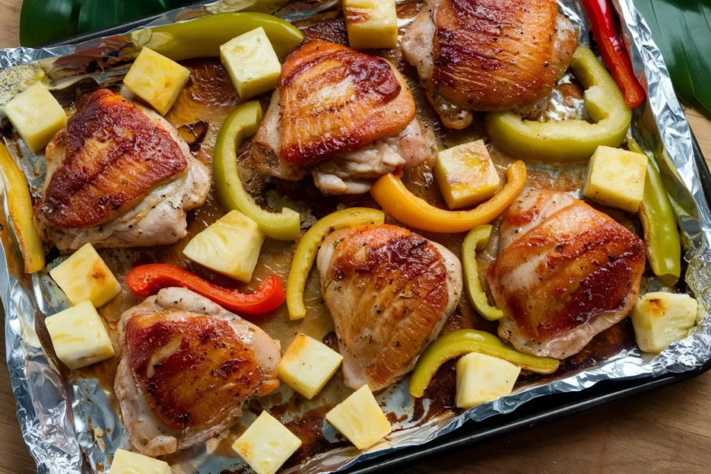 Close-up of marinated chicken and pineapple ready for the oven