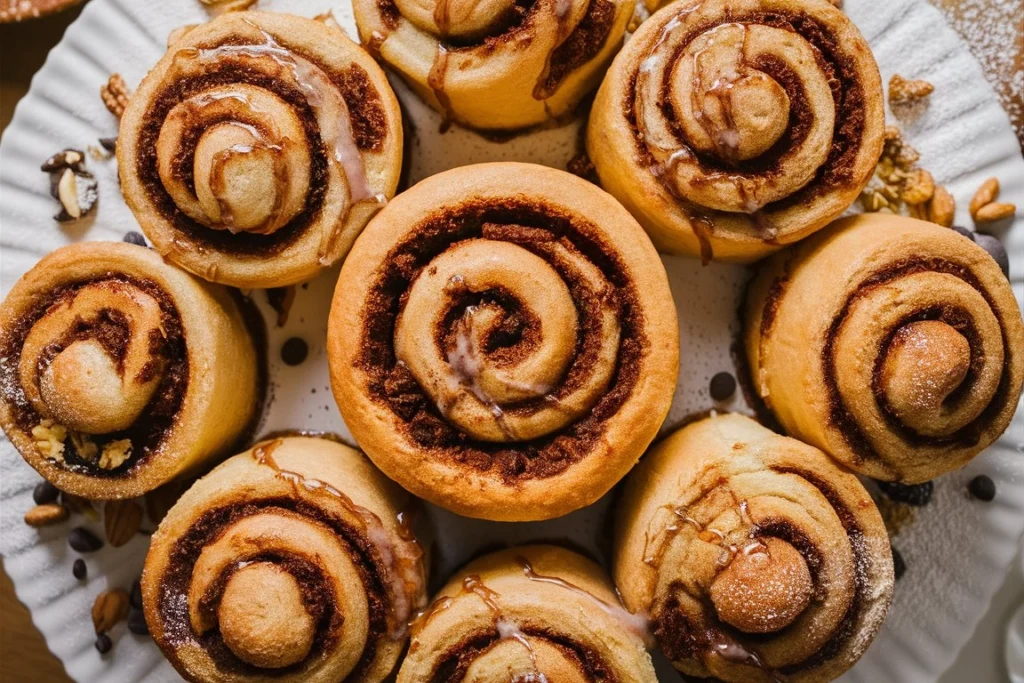 Slice of cinnamon roll cake on a plate with a fork