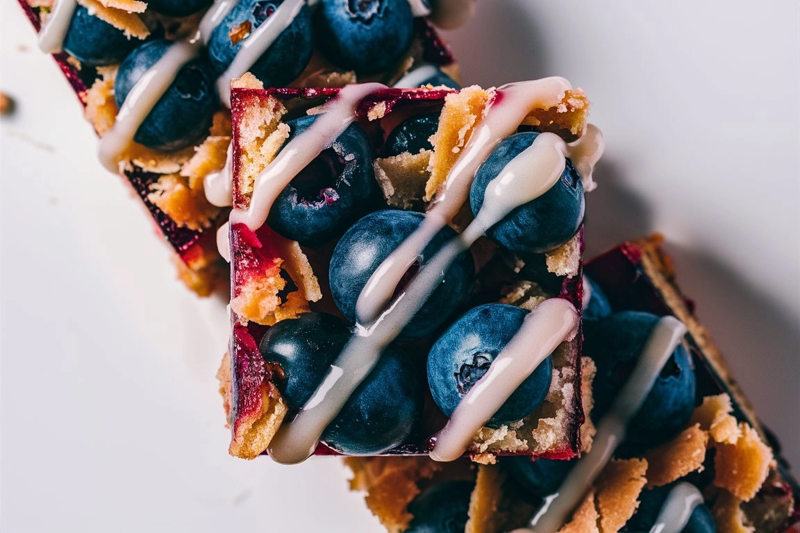 A plate of delicious blueberry coconut bars with a golden-brown crust, topped with fresh blueberries and shredded coconut.