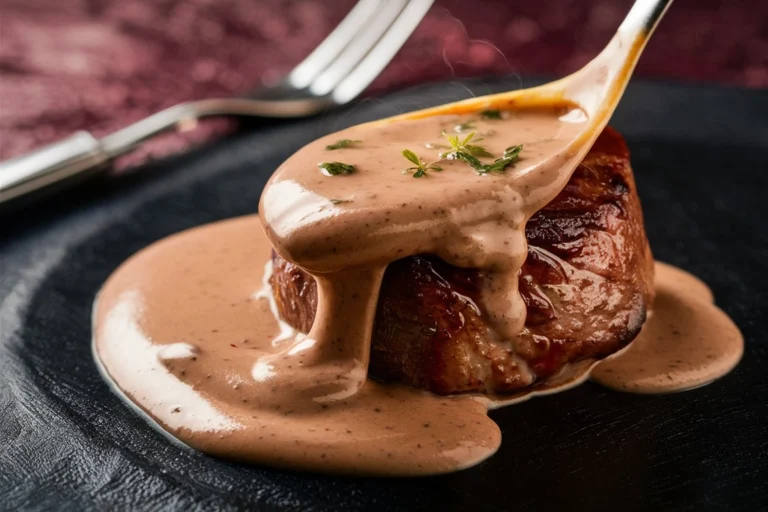 A rich and velvety creamy steak sauce drizzled over a perfectly seared ribeye, garnished with fresh herbs.