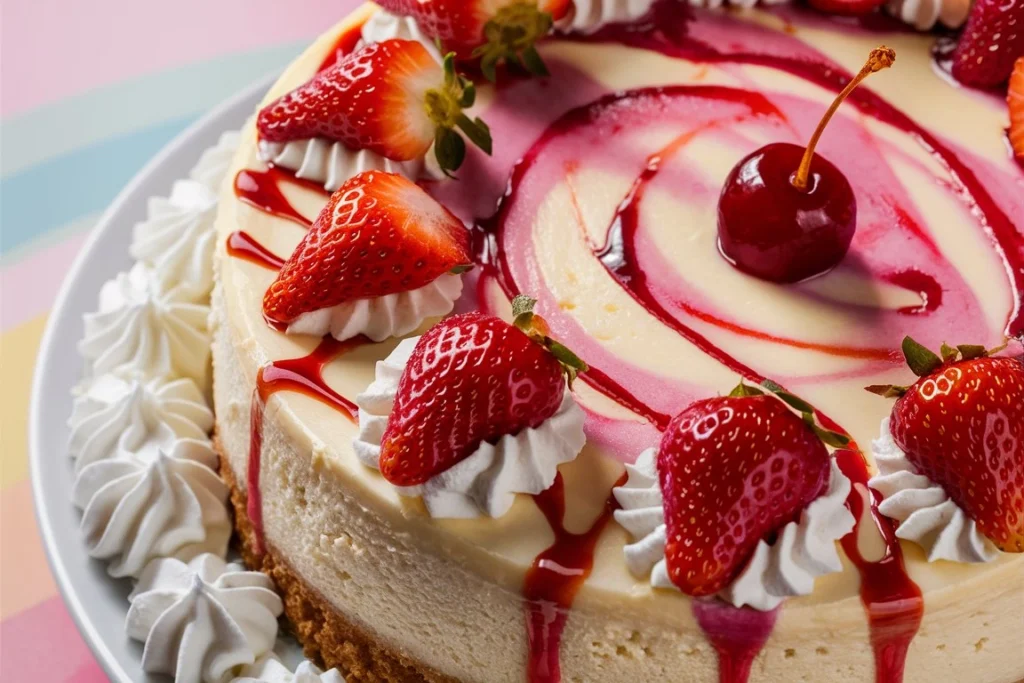 Close-up of a creamy Strawberry Swirl Cheesecake, showcasing vibrant red strawberry swirls marbled into a smooth cheesecake filling, topped with fresh strawberry slices.

