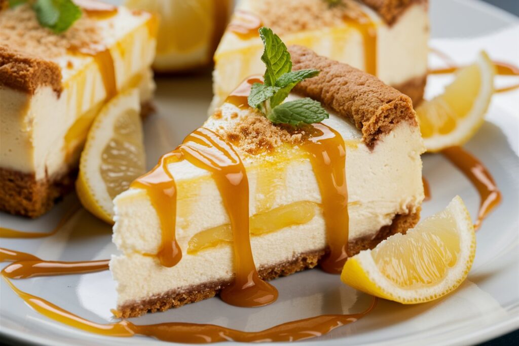 A smooth and creamy lemon cheesecake with a golden crust, topped with a layer of lemon curd and fresh lemon zest.