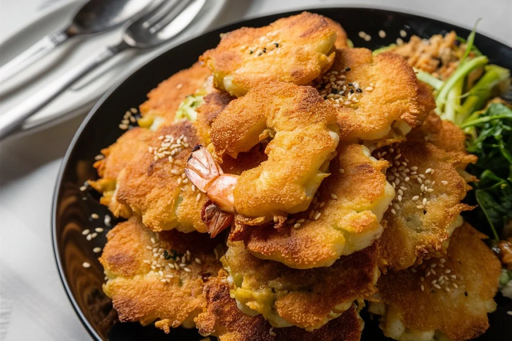 Golden brown shrimp patties with herbs and a squeeze of lemon.
