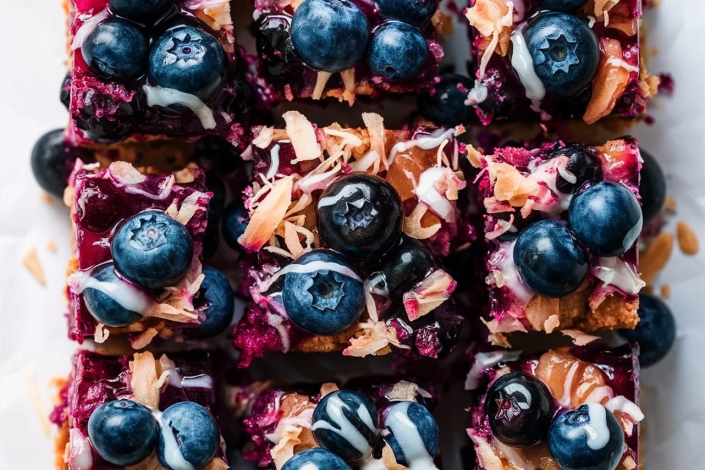 Blueberry coconut bars on a serving plate, garnished with coconut flakes and juicy blueberries.

