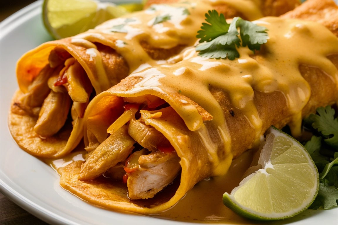 Baked chicken enchiladas with melted cheese and red sauce in a baking dish. Title: Baked to Perfection Chicken Enchiladas