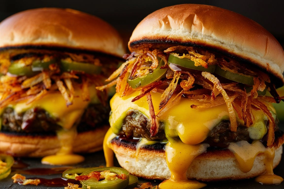 A sizzling Jalapeño-Onion Smash Burger with crispy edges, melted cheese, and spicy jalapeños on a toasted bun.