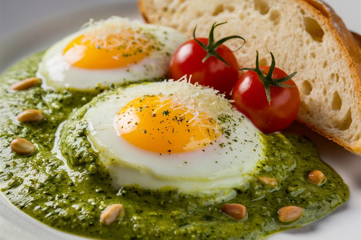 Creamy pesto eggs served on toasted bread with fresh herbs and avocado.