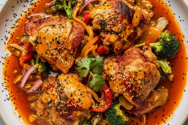 Skillet Bang Bang Chicken Thighs on a plate, garnished with fresh herbs.