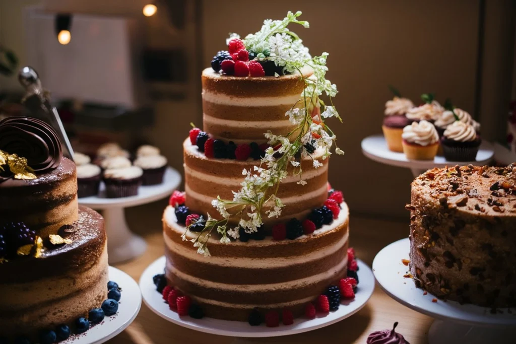 A rustic naked cake with layers of vanilla sponge, fresh cream, and mixed berries, served on a wooden cake stand.