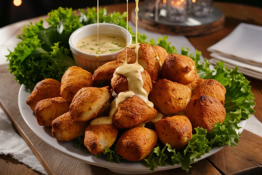 Chicken bites searing in a hot skillet with sizzling butter and minced garlic.