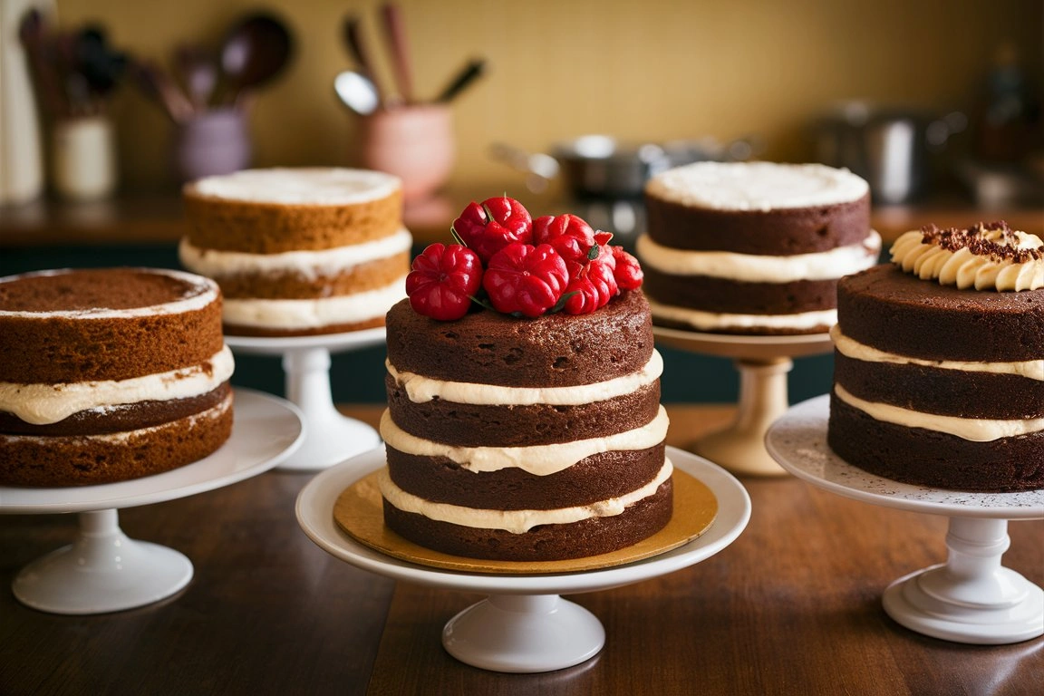 A beautifully decorated naked cake with fresh berries and a light dusting of powdered sugar on top.