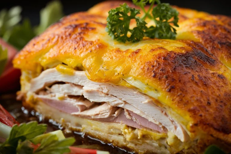 "Golden, bubbling Chicken Cordon Bleu Casserole, with crispy edges and gooey cheese."