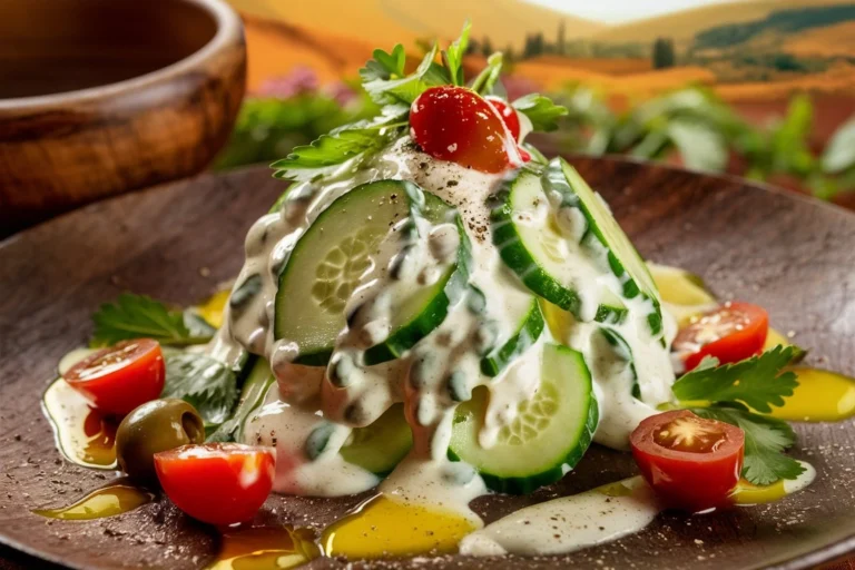 A spoonful of creamy Italian cucumber salad served on a plate.