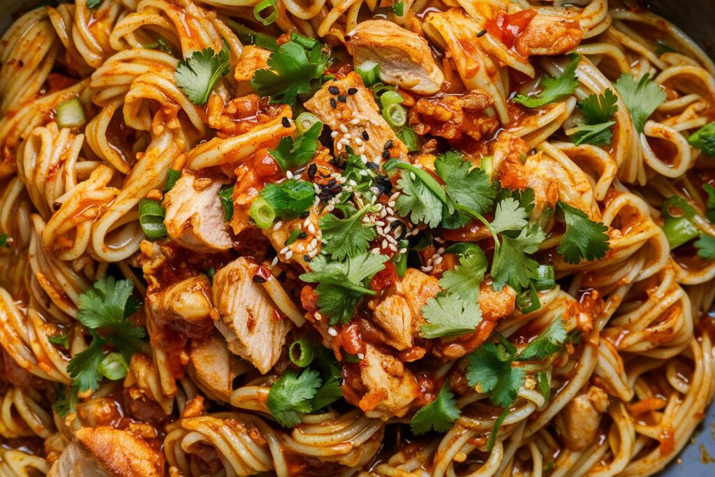 A plate of creamy Honey Pepper Chicken Pasta garnished with fresh herbs and black pepper.