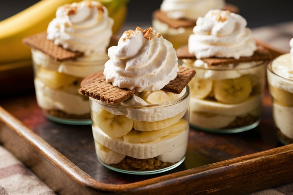 Irresistible mini banana pudding in clear cups with banana slices and whipped topping.