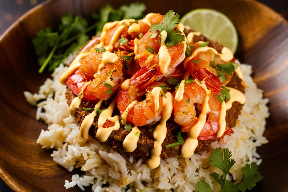 A colorful shrimp and rice bowl topped with spicy mayo, fresh herbs, and sesame seeds, served in a rustic ceramic bowl.