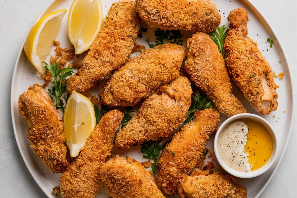 Crispy homemade baked chicken tenders with a golden crust.